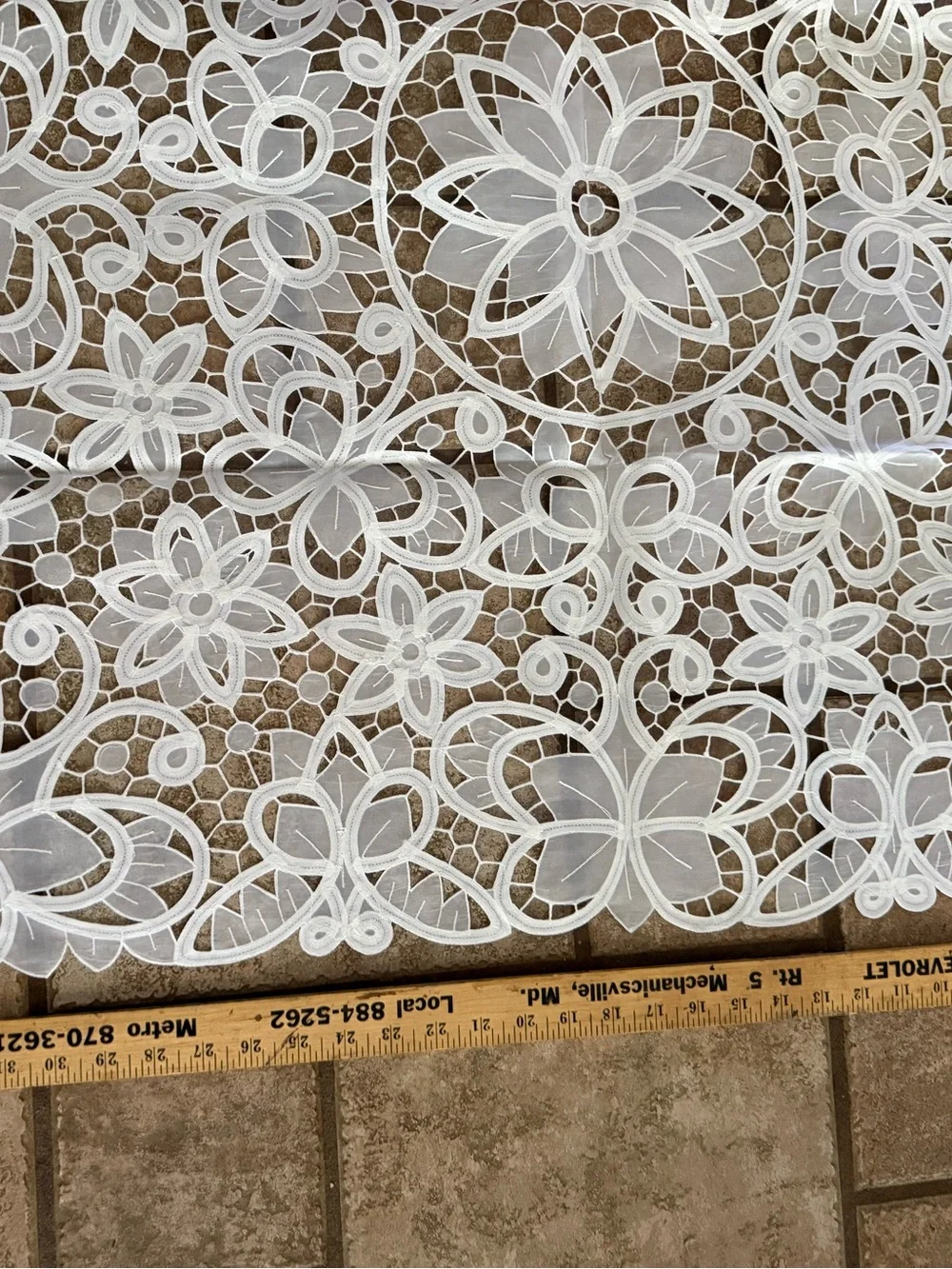 Battenberg Like Lace Tablecloth with Silk & Embroidered Lace - 34”square. Mint.